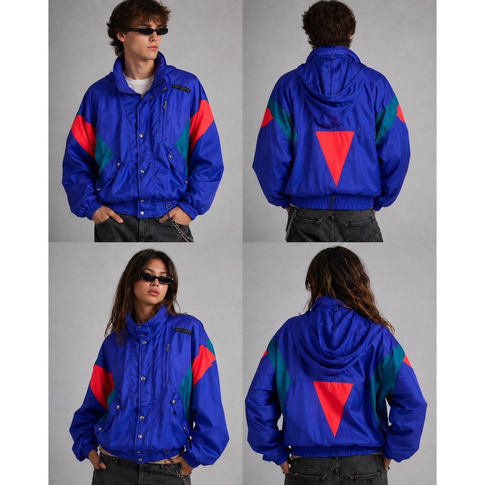 VTG Descente Y2K Full Zip Mock Neck Bomber Jacket Purple Vibrant Colorblock MED